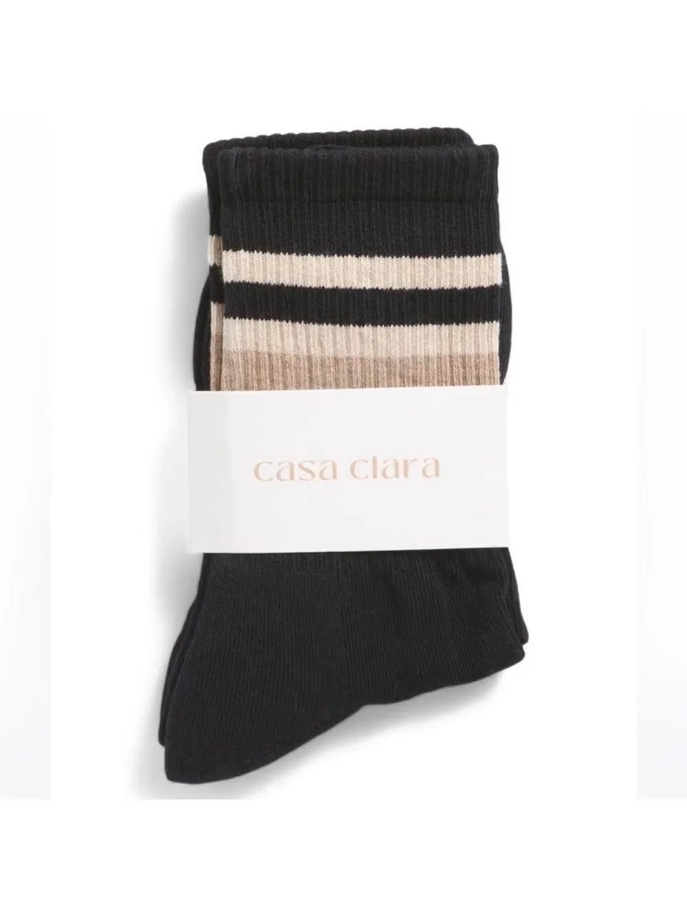 casa clara Lillian Black Taupe Ribbed Varsity Stripe Cotton Blend Crew Socks